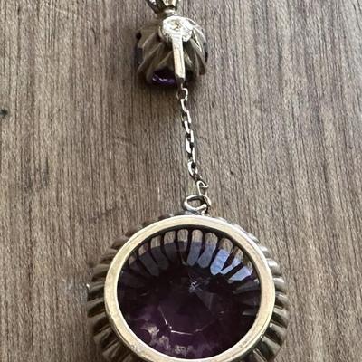 14K GOLD & AMETHYST DROP DANGLE PENDANT estate jewelry 1960s