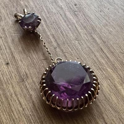 14K GOLD & AMETHYST DROP DANGLE PENDANT estate jewelry 1960s