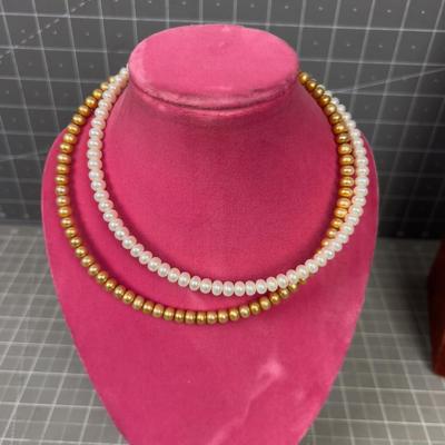 Wire Beaded CHOKERS Goldish and Whiteish Real Pearls
