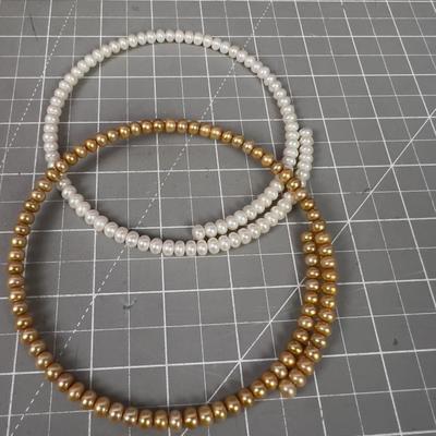 Wire Beaded CHOKERS Goldish and Whiteish Real Pearls