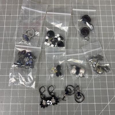 9 Pair of Black Theme Costume Jewelry Earrings