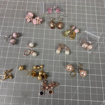 11 Pair of Pink / Rose Goldish Theme Costume Jewelry Earrings