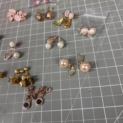 11 Pair of Pink / Rose Goldish Theme Costume Jewelry Earrings