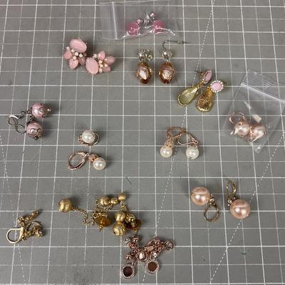 11 Pair of Pink / Rose Goldish Theme Costume Jewelry Earrings