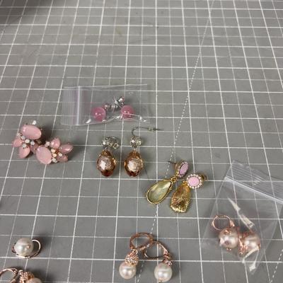 11 Pair of Pink / Rose Goldish Theme Costume Jewelry Earrings