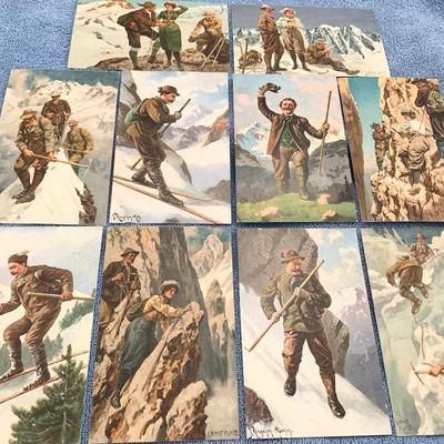 TEN Early Color Lithos - German Alpine Alps Climbing Mountaineering Postcard Scenes