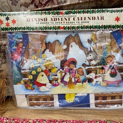 Vintage Mexican straw mask, Christmas Danish Advent calendar and Christmas items