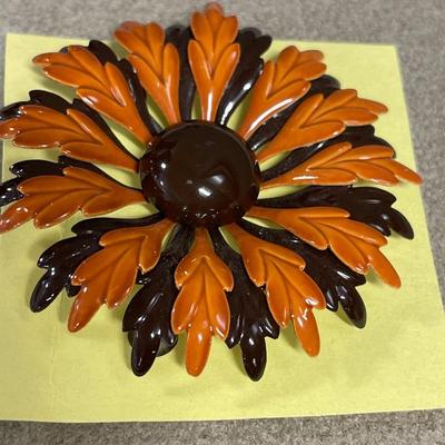 Floral enamel brooches & gold tone with large stone