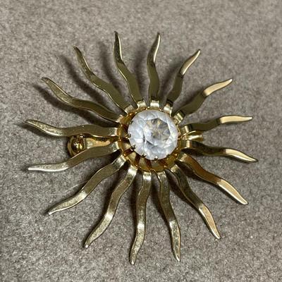 Floral enamel brooches & gold tone with large stone