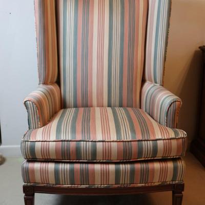Queen Anne Style Striped Upholstered Wing Chair