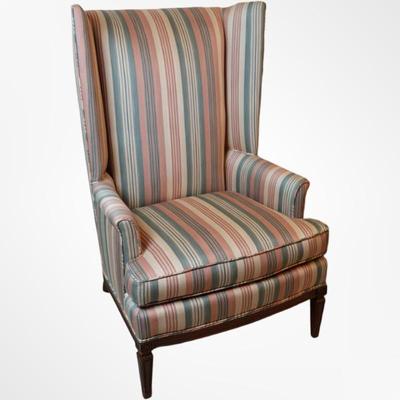Queen Anne Style Striped Upholstered Wing Chair
