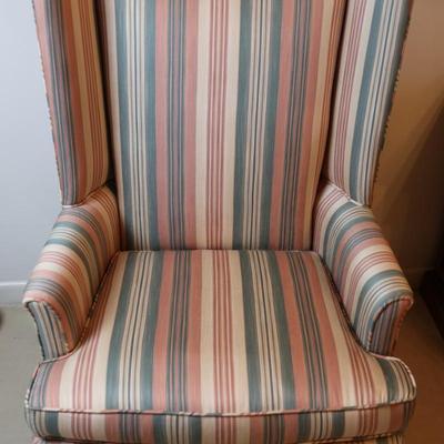 Queen Anne Style Striped Upholstered Wing Chair