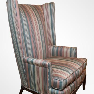 Queen Anne Style Striped Upholstered Wing Chair