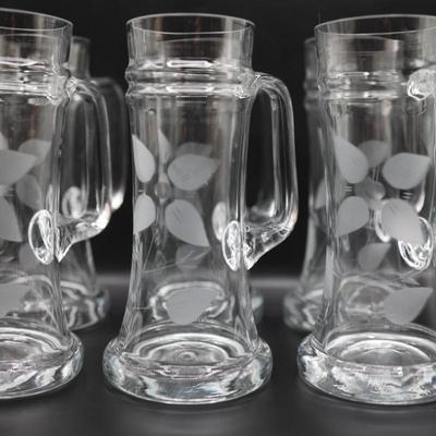 Etched Flower Large Glass Mugs - Set of 6