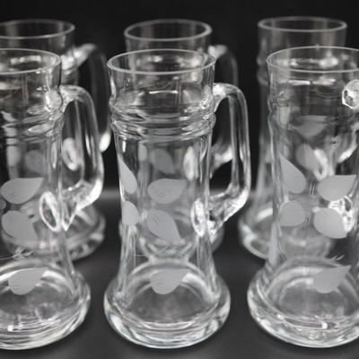 Etched Flower Large Glass Mugs - Set of 6