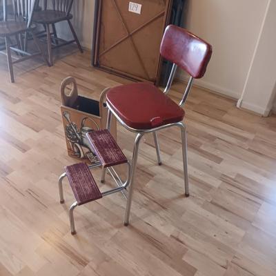 RETRO KITCHEN CHAIR STOOL, PAINTED WOODEN BOX AND A LAUNDRY SIGN