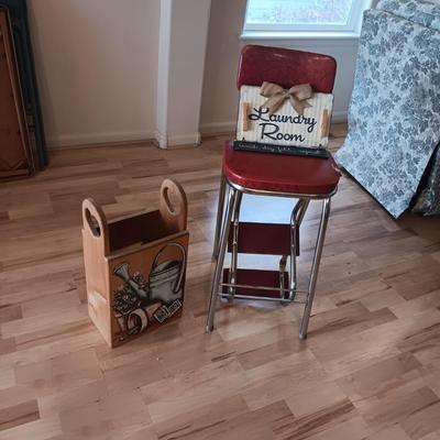 RETRO KITCHEN CHAIR STOOL, PAINTED WOODEN BOX AND A LAUNDRY SIGN