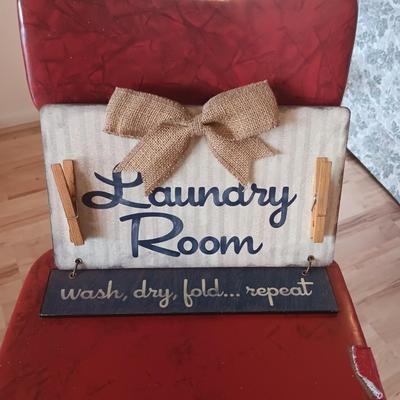 RETRO KITCHEN CHAIR STOOL, PAINTED WOODEN BOX AND A LAUNDRY SIGN