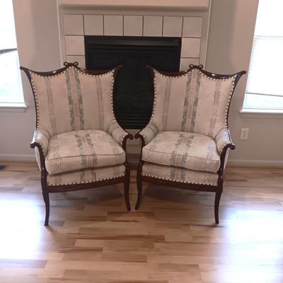 2 ANTIQUE FRENCH HOLLYWOOD CARVED MAHOGANY WINGBACK CHAIRS