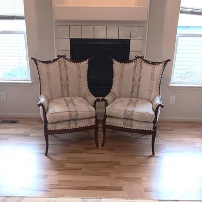 2 ANTIQUE FRENCH HOLLYWOOD CARVED MAHOGANY WINGBACK CHAIRS