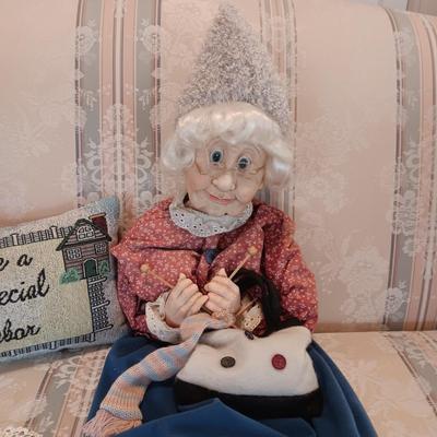 SWEET LONG LEGGED GRANDMA DOLL, THROW PILLOW AND DOILY