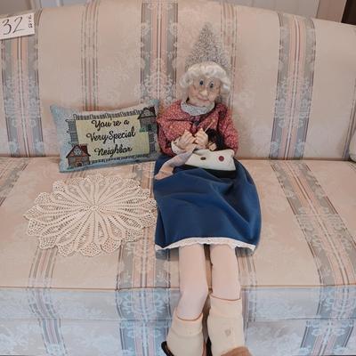 SWEET LONG LEGGED GRANDMA DOLL, THROW PILLOW AND DOILY