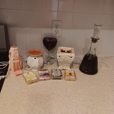 SCENTED WAX WARMERS W/WAX, CANDLES AND A WINE DECANTER