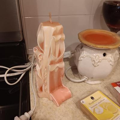 SCENTED WAX WARMERS W/WAX, CANDLES AND A WINE DECANTER