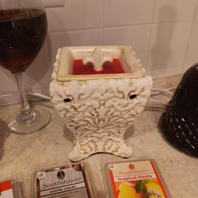 SCENTED WAX WARMERS W/WAX, CANDLES AND A WINE DECANTER