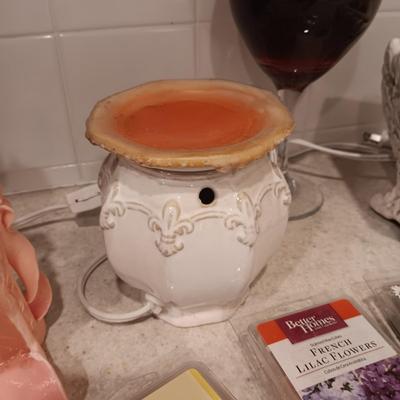 SCENTED WAX WARMERS W/WAX, CANDLES AND A WINE DECANTER