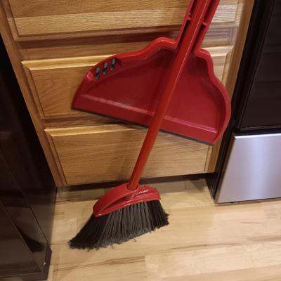 CLEANING PRODUCTS, LARGE ROLL OF PLASTIC WRAP AND BROOM WITH DUST PAN