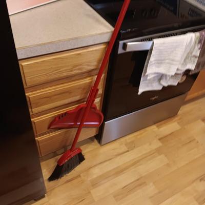 CLEANING PRODUCTS, LARGE ROLL OF PLASTIC WRAP AND BROOM WITH DUST PAN