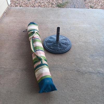 LIKE NEW PATIO UMBRELLA WITH METAL STAND