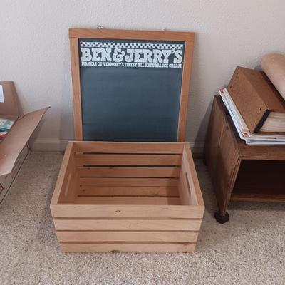 BEN & JERRY'S CHALKBOARD AND A WOODEN CRATE
