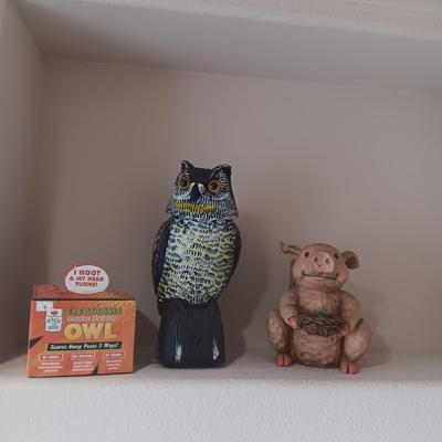 ELECTRONIC GARDEN OWL AND A YARD ART PIG WITH WINGS