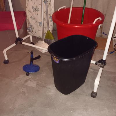 GARMENT RACK, IRONING BOARD, STORAGE TOTE AND PAIL PLUS MORE