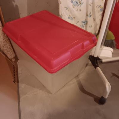 GARMENT RACK, IRONING BOARD, STORAGE TOTE AND PAIL PLUS MORE