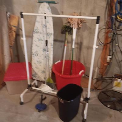 GARMENT RACK, IRONING BOARD, STORAGE TOTE AND PAIL PLUS MORE