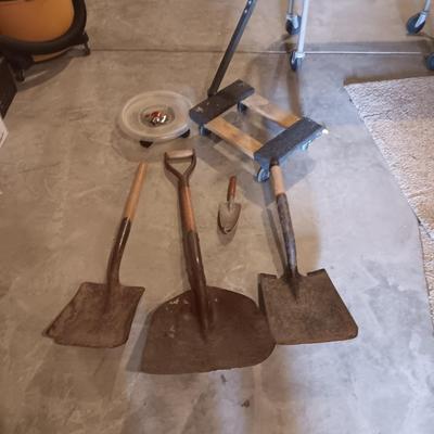 SOME OLD SHOVELS, FURNITURE MOVER AND PLANT DOLLY