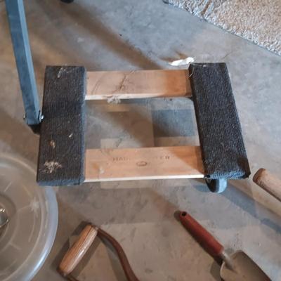 SOME OLD SHOVELS, FURNITURE MOVER AND PLANT DOLLY