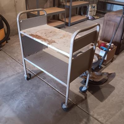 2 TIER LIBRARY CART ON WHEELS AND A 4 FOOT FOLDING TABLE