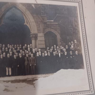 2 OLD GROUP PHOTOS, PHOTO ALBUM FILLED WITH PICTURES AND A SCRAP BOOK WITH A FEW PAGES FILLED