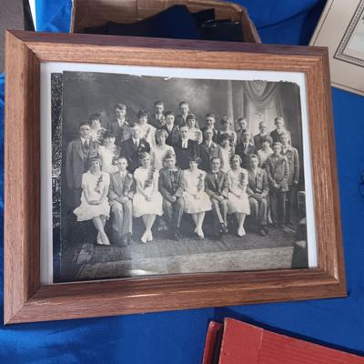 2 OLD GROUP PHOTOS, PHOTO ALBUM FILLED WITH PICTURES AND A SCRAP BOOK WITH A FEW PAGES FILLED