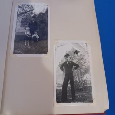 2 OLD GROUP PHOTOS, PHOTO ALBUM FILLED WITH PICTURES AND A SCRAP BOOK WITH A FEW PAGES FILLED