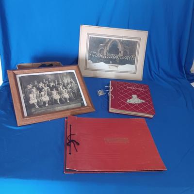 2 OLD GROUP PHOTOS, PHOTO ALBUM FILLED WITH PICTURES AND A SCRAP BOOK WITH A FEW PAGES FILLED