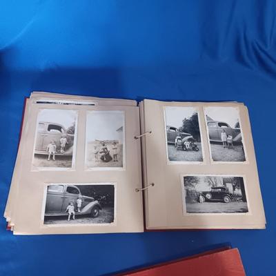 2 OLD GROUP PHOTOS, PHOTO ALBUM FILLED WITH PICTURES AND A SCRAP BOOK WITH A FEW PAGES FILLED