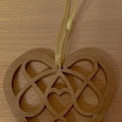 Beautiful blue large round glass vase, small clear glass vase with peony flower arrangement and a sweet Celtic style heart ornament!