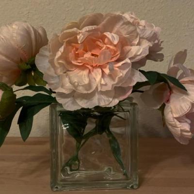 Beautiful blue large round glass vase, small clear glass vase with peony flower arrangement and a sweet Celtic style heart ornament!