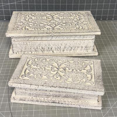 White Carved Wood Boxes, nested