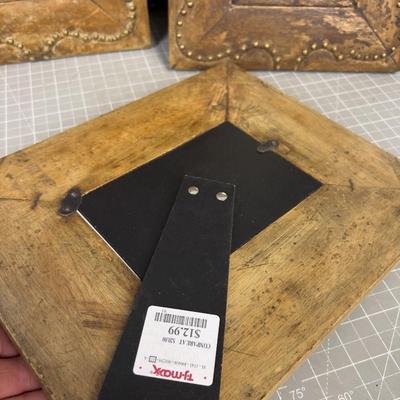 3 Photo Frames; Wood with Brass Studs